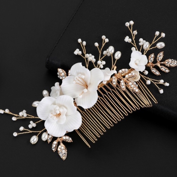 Pearl & Crystal Bridal Comb Floral Wedding Crystal Comb Bridal Headpiece Gold - Picture 3 of 3